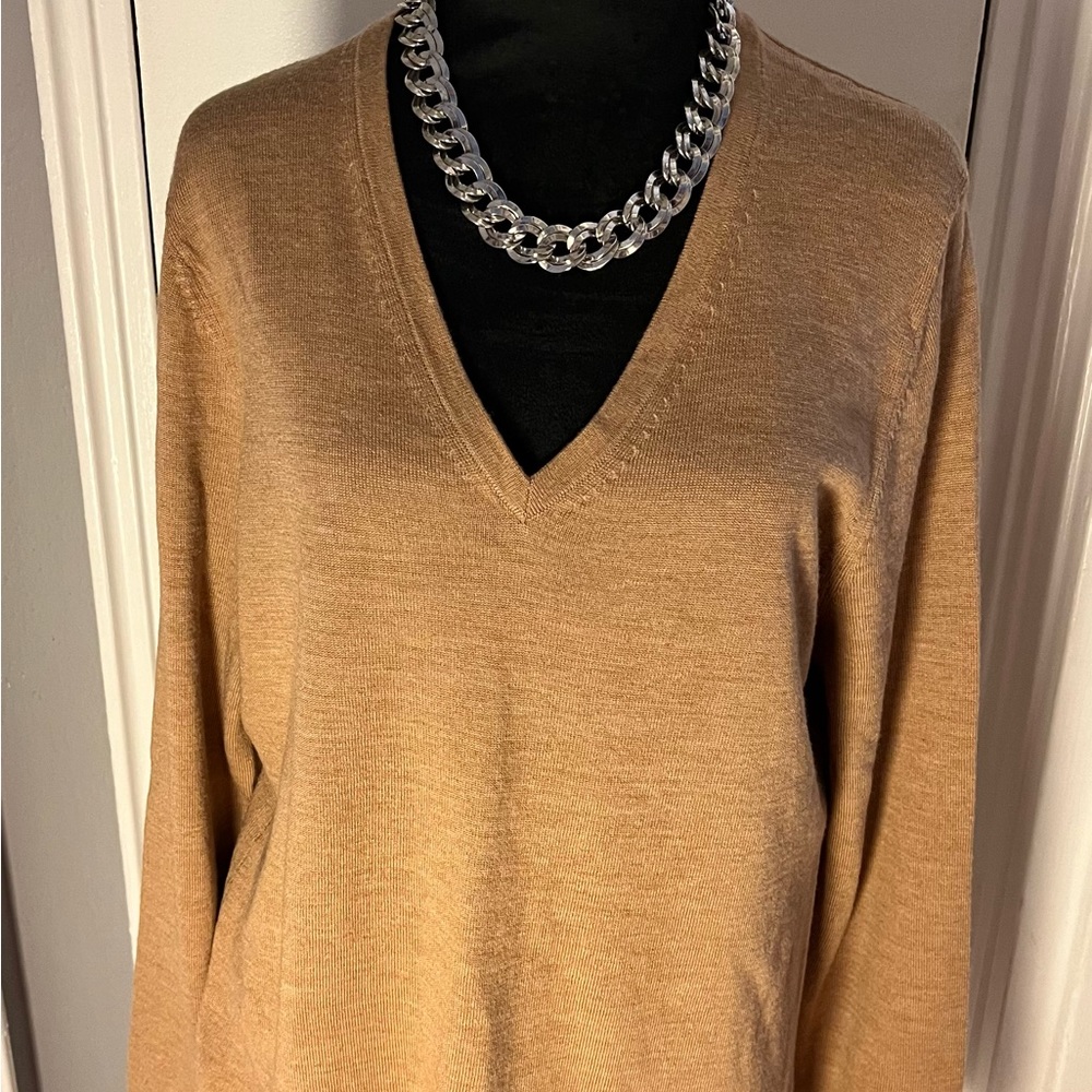 Lord & Taylor v neck merino wool tan long sleeve sweater